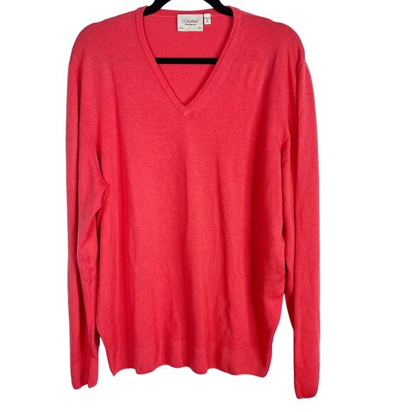 Glenbrae Mens Large Coral Pink Fine Merino Wool VNeck Sweater Jumper Made in UK - Picture 1 of 7